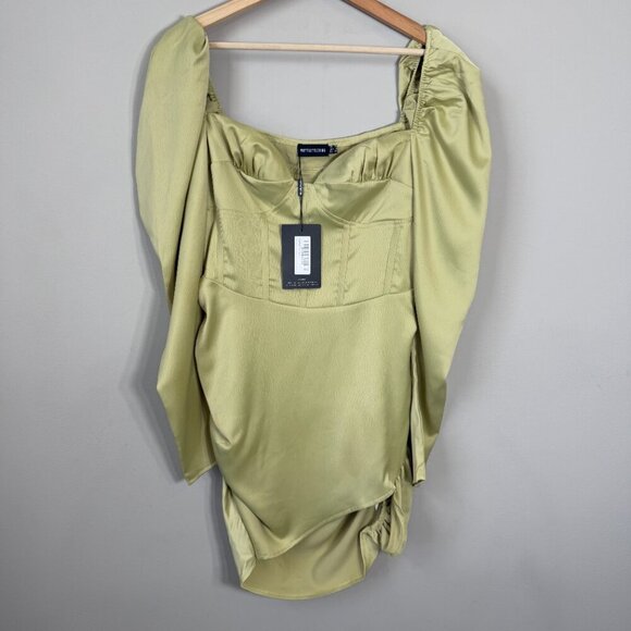 NWT PrettyLittleThing Puff Sleeve Corset Bodycon Mini Dress Womens 6 Olive Green - Picture 5 of 15
